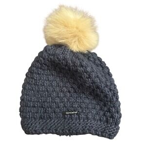 Turtle Fur Beanie Hat Faux Fur Pom Pom Knit Charcoal Gray Winter Warm